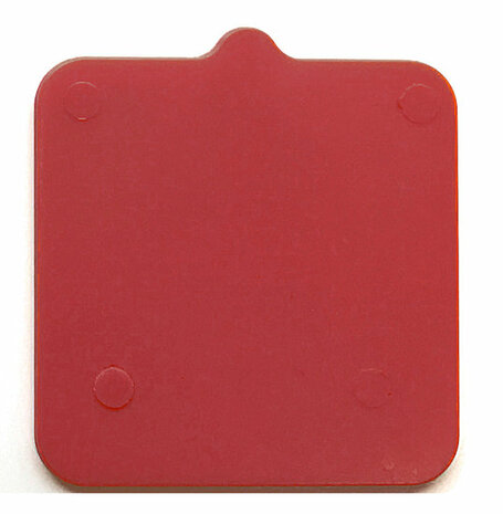 Rood kunststof vierkant met afgeronde hoeken en vier opstaande stippen aan de voorkant. Geen merklogo zichtbaar.