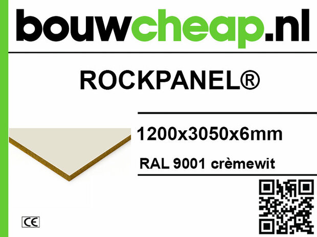 Rockpanel plaat in crème kleur, afmetingen 1200x3050x6 mm, met QR-code en bedrijfslogo bovenaan.
