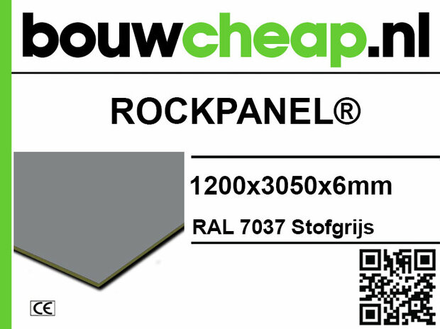 Een grijze Rockpanel® plaat met specificaties, QR-code en logo van bouwcheap.nl.