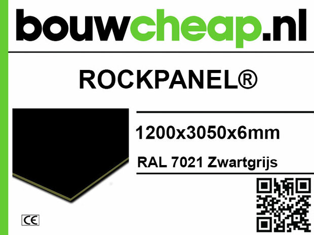 Zwartgrijs Rockpanel met specificaties, barcode en logo van Bouwcheap in groene letters op een witte achtergrond.