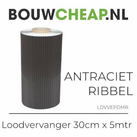 Donkere, ribbelige loodvervanger van 30 cm x 5 meter, met een houten kern zichtbaar aan de bovenkant.