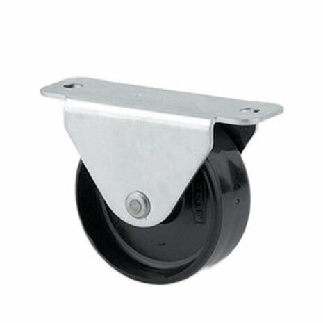 Zwenkwiel met metalen bevestigingsbeugel en een zwarte kunststof wiel.