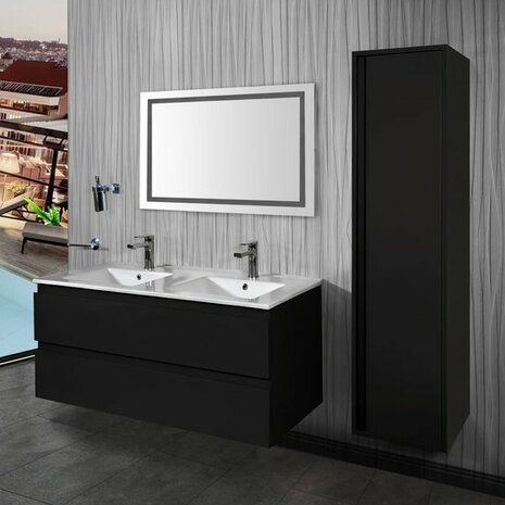 Moderne badkamermeubelset in zwart hout met een wit Corian blad en dubbele wastafel, vergezeld door een hoge kast en spiegel.