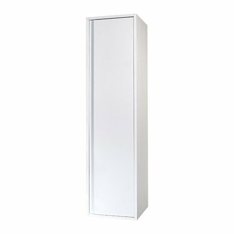 Witte smalle kast met een spiegeldeur en een strakke, moderne uitstraling. Geschikt voor verschillende interieurstijlen.