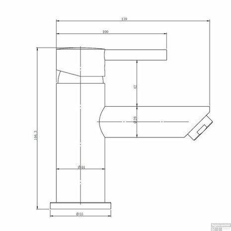 Technische tekening van een moderne, metalen kraan met een strakke, minimalistische vorm en duidelijke afmetingen.