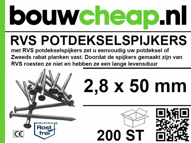 Roestvrijstalen potdekselsplijkers in een doos met het merklogo 'bouwcheap.nl', maat 2,8 x 50 mm, verpakking van 200 stuks.
