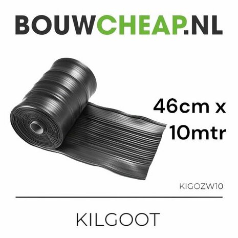 Zwarte kilgootrol van 46 cm breed en 10 meter lang, met een glanzende, gerecycleerde uitstraling.
