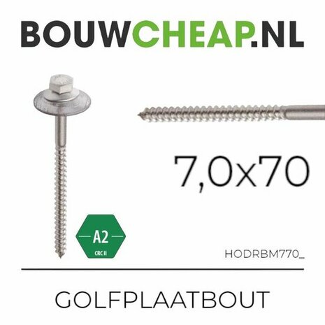 Zilvergrijze golfplaatbout met een ronde, platte kop en schroefdraad, maat 7,0 x 70 mm.