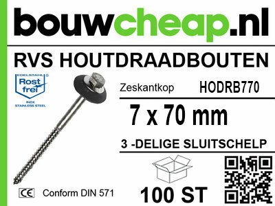 RVS houtdraadbouten met zeskantkop, 7 x 70 mm, inclusief 100 stuks in een groene en zwarte verpakking van bouwcheap.nl.