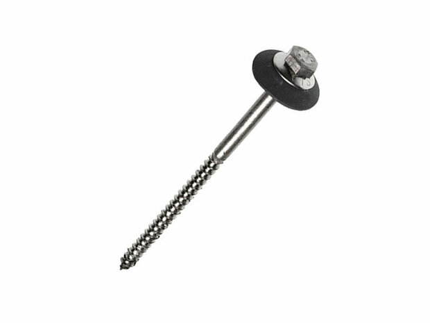 Roestvrijstalen schroef met een ronde kop, rubberen ring en schroefdraad op de steel.