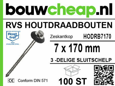 Zwart-witte verpakking met informatie over RVS houtdraadbouten, inclusief specificaties en merklogo van Bouwcheap.