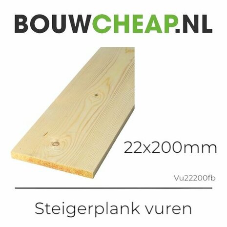 Een lange, houten steigerplank van vurenhout met een lichte kleur en zichtbare houtnerf. Afmetingen: 22x200 mm.