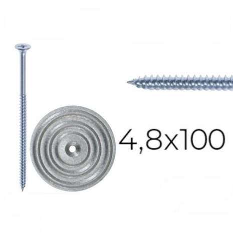 Roestvrijstalen schroef en een metalen schijf, met het formaat 4,8x100 in zwarte letters naast de onderdelen.