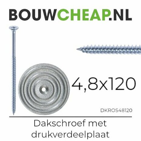 Dakschoef met drukverdeelplaat, verkrijgbaar in de maat 4,8x120 mm, naast een metalen schroef en een bouwwebsite-logo.
