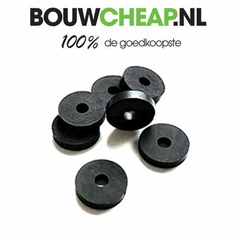 Zwarte rubberen schijven met een open midden, gestapeld op een witte achtergrond, met het logo van BouwCheap.nl erboven.