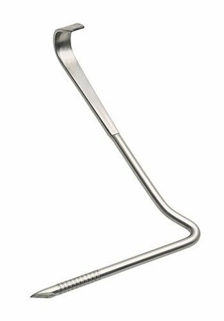 Gladde, zilverkleurige hefboom van staal met een scherpe punt en een gebogen uiteinde, handig voor zware werkzaamheden.