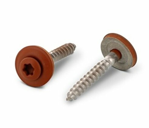 Twee schroeven met een metalen schacht en een oranje rubberen rand, één met een scherpe punt en een stervormige inkeping.