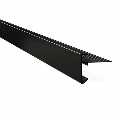 Zwarte metalen L-profiel met een lange, rechte vorm en groeven aan de binnenkant voor extra grip.