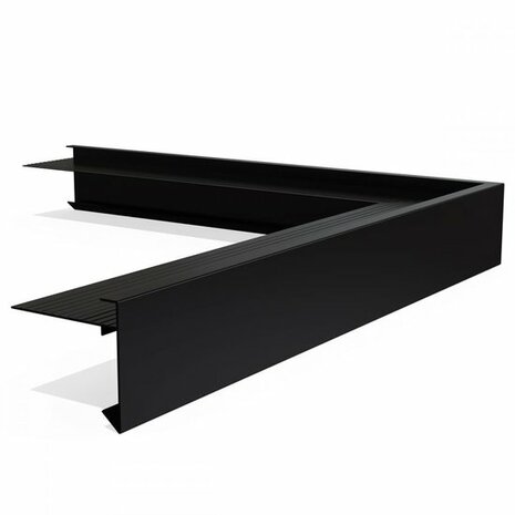 Een zwart, metalen L-profiel met een matte afwerking en rechte hoeken, geschikt voor constructies en ondersteuning.