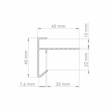 Tekening van een profiel met een L-vormige uitsparing, gelabeld met afmetingen in millimeters, op een witte achtergrond.