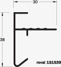 Zwarte metalen profiel met afmetingen 30x38 mm en een distinctief design, gemerkt met het logo 'roval 151539'.