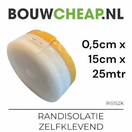 Rol met zelfklevende randisolatie, diameter 15 cm, lengte 25 meter, verpakt in een duidelijke plastic folie.