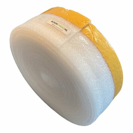 Witte kunststof rol met gele tape, gemarkeerd met het merk BOUNCEPLAN, in een ronde en stevige vorm.