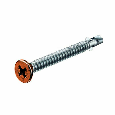 Een metalen schroef met een verzonken kop en een kruiskop, zichtbaar met schroefdraad over de hele lengte.