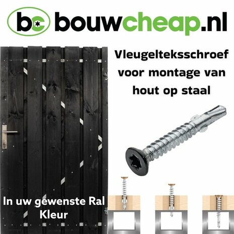 Zwarte houten deur met metalen schroeven, met het logo van Bouwcheap, tegen een lichte achtergrond.