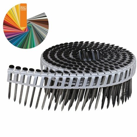 Een spiraal van metalen spijkers met een witte houder, naast een cirkel met verschillende kleurenstalen.