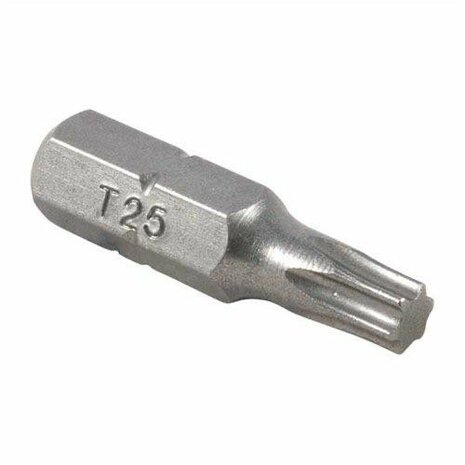 Glanzende metalen torxbit van T25 met scherpe punten en een compacte, cilindrische vorm. Ideaal voor schroevendraaiers.