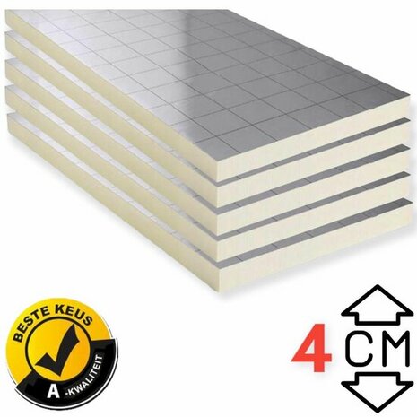 Vier gestapelde panelen met een gladde, zilverkleurige bovenkant en een witte, stevige onderzijde, dikte van 4 cm.