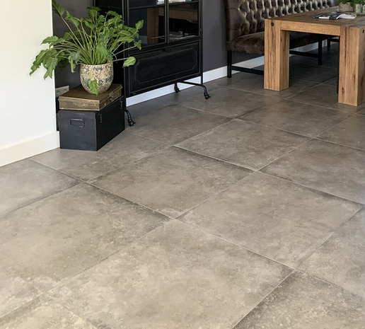 Ruimtelijk interieur met lichte, grijze tegels en donkere meubels. Een groene plant voegt een levendig detail toe.