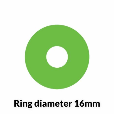 Een groene ring met een diameter van 16 mm en een holle binnenkant, op een witte achtergrond.
