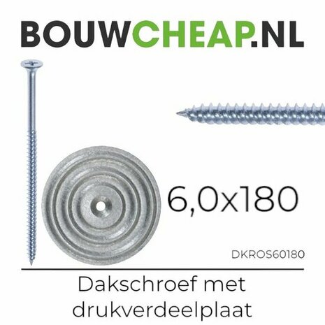 Dakschoen met een ronde drukverdeelplaat, een lange verzinkte schroef en een metalen schroefkop.