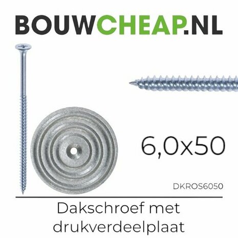 Ronde drukverdeelplaat met schroef, afmetingen 6,0 x 50 mm, op lichte achtergrond met textueel logo.