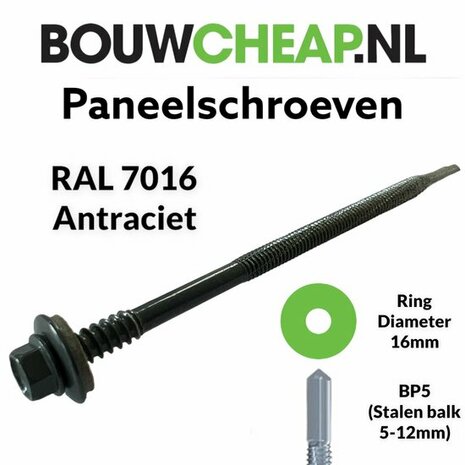 Antraciet paneelschroef met ring van 16 mm diameter, rechte schacht en scherpe punt, geschikt voor staal van 5-12 mm.