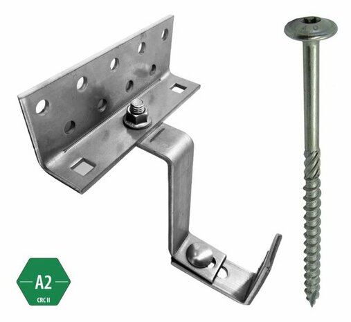 Metalen haakbeugel met meerdere gaten en bevestigingsschroef, beide van roestvrij staal.