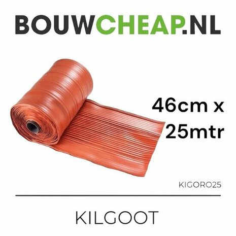 Rol met oranje kilgoot, 46 cm breed en 25 meter lang, met een doorgestoken structuur aan de zijde die naar beneden ligt.