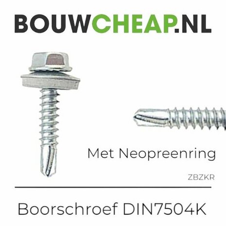 Boorschroef met neopreenring, zilverkleurig met een scherpe punt en een zeshoekige kop. Links en rechts van de schroef afgebeeld.