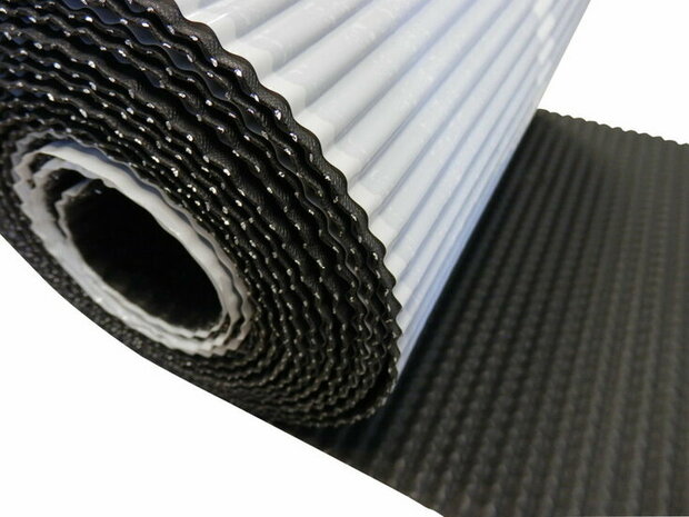 Zwart-wit golfplatenrol met een rubberachtige structuur en een matte afwerking, geschikt voor diverse toepassingen.