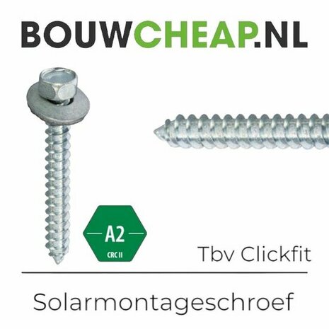 Grijze solarmontageschroef met verzonken kop en schroefdraad, voorzien van een ronde metalen schijf.