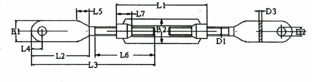 Technische tekening van een dubbelzijdige hakenconstructie met afmetingen en labels voor componenten in zwart-wit.