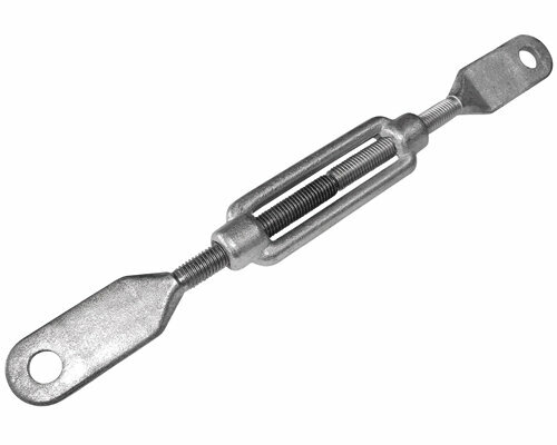 Verstelbare metalen spanband met twee oogjes aan de uiteinden en een centrale schroefdraad, glanzend zilverkleurig.