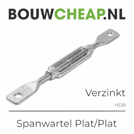 Verzinkte spanwartel met schroefdraad en platte ogen aan beide uiteinden, gebruikt voor het spannen van kabels.