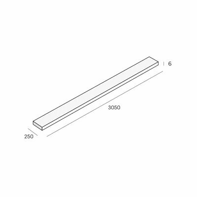 Langwerpige, witte houten plank van 3050 mm lang en 250 mm breed, met een dikte van 6 mm.