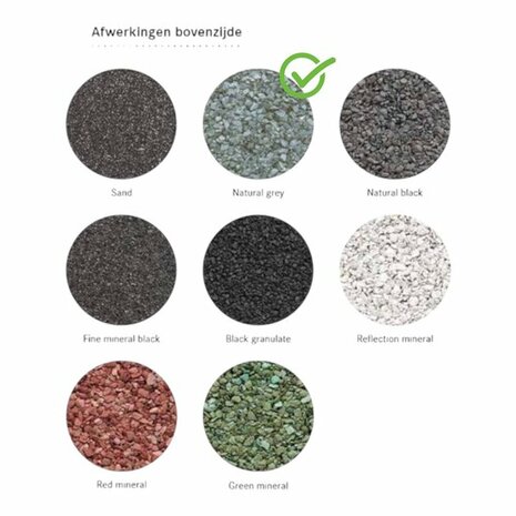 Negen kleurstalen van mineralen en zand in ronde vakken, variërend van grijs en zwart tot groen en rood, met labels erbij.