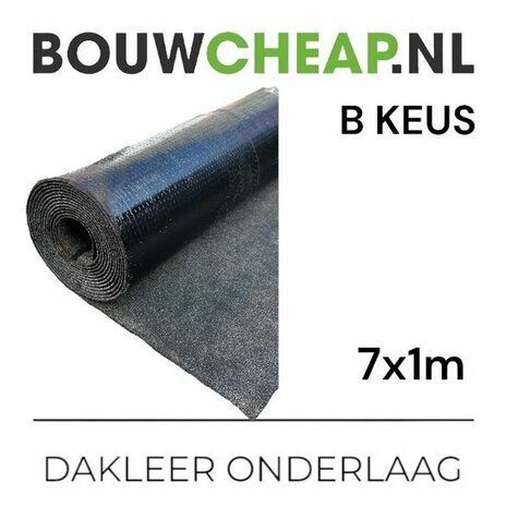 Zwarte rollen dakleer met een afmeting van 7x1 meter, gelabeld als B-keus.