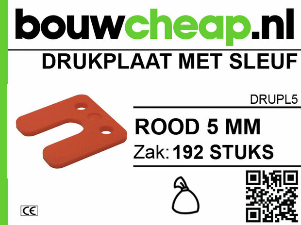 Rode drukplaat met sleuf van 5 mm, verpakt per 192 stuks, met logo en QR-code op witte achtergrond.
