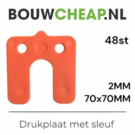 Oranje drukplaat met een U-vormige uitsparing en twee ronde gaten, afmetingen 70x70mm en 2mm dikte.